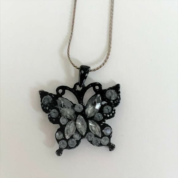 Black Beaded Butterfly Pendant Necklace with Silver Tone Chain - Picture 1 of 6